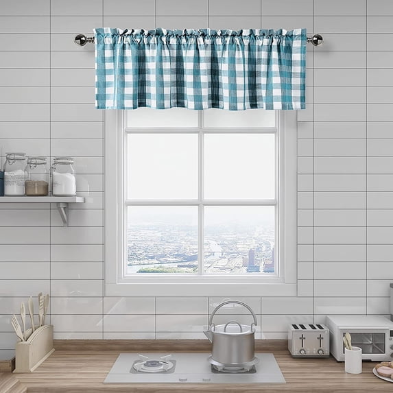 Bohogeo Buffalo Plaid Kitchen Valance Curtains,Check Farmhouse Rod Pocket Green Valance for Window Treatment, Teal/White,55" x 15"