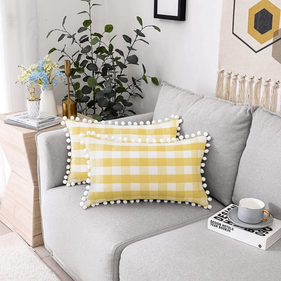 Bohogeo Buffalo Plaid Pillow Cover,Retro Farmhouse Throw Pillow Shams for Sofa Couch,12''x20'', Yellow and White, Set of 2