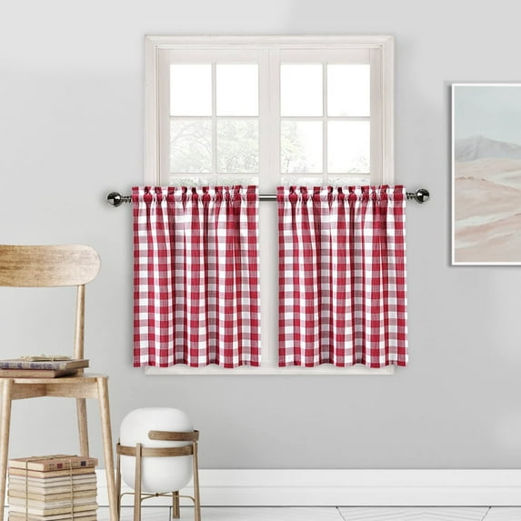 Bohogeo Buffalo Plaid Red Cafe Tier Curtains for Kitchen, Rod Pocket Check Gingham Farmhouse Window Curtain Drapes,28"x36",Red/White, Set of 2