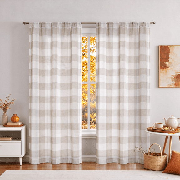 Bohogeo Buffalo Plaid Sheer Curtain Panels 84 inch Length, Farmhouse Check Window Treatment, Gingham Rod Pocket Curtain Drapes for Bedroom & Living Room, 2 Panels,38"x84", Tan