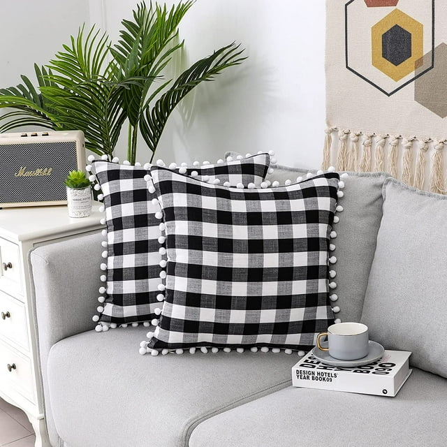 Bohogeo Buffalo Plaid Throw Pillow Covers with Pompoms for Sofa