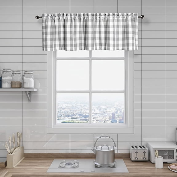 Bohogeo Buffalo Plaid Valance Curtain for Kitchen,Rod Pocket Retro Check Valance for Window Treatment,55" x 15", Silver/Gray