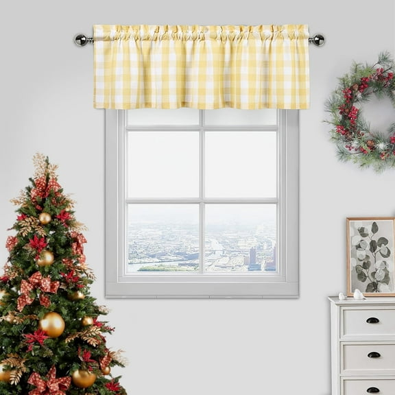 Bohogeo Buffalo Yellow Checkerd Cafe Valance Curtains for Kitchen,Plaid Farmhouse Gingam Window Decor Rod Pocket,55" x 15", Yellow/White