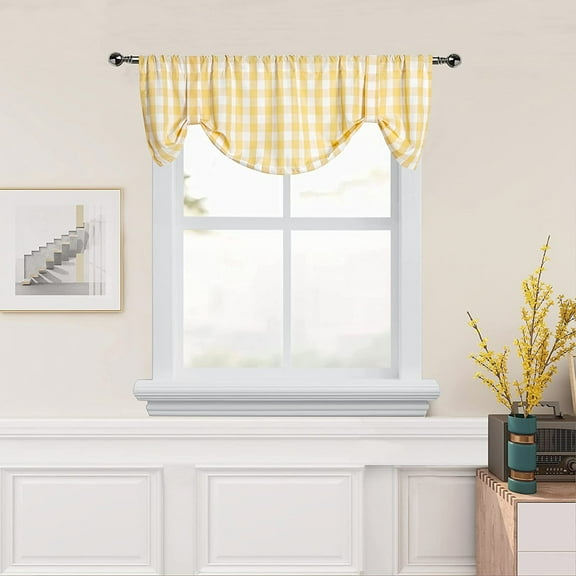 Bohogeo Buffalo Yellow Checkered Decorative Curtains,Tie up and Straight Adjustable Plaid Kitchen Valance 56" x 18", 1 Panel