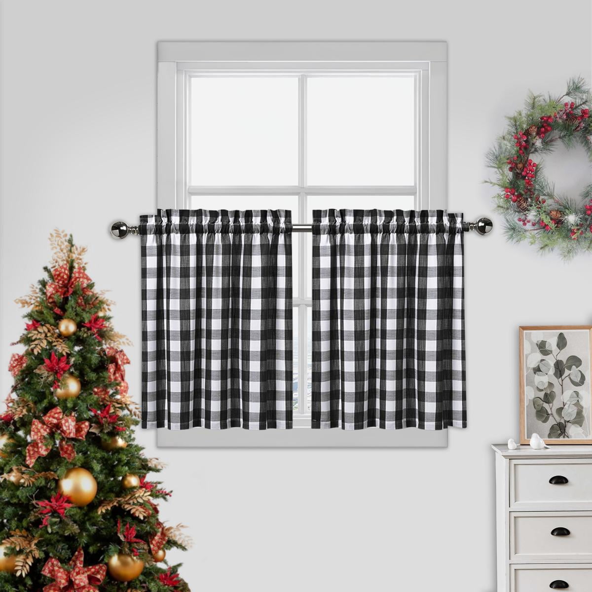 Bohogeo Christmas Buffalo Plaid Gingham Classic Kitchen Curtain Tiers ...
