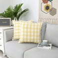 thumbnail image 1 of Bohogeo Fall Retro Farmhouse Plaid Throw Pillow Covers with Pompoms for Sofa Couch, 18x18 Inch, Yellow and White Set of 2, 1 of 7