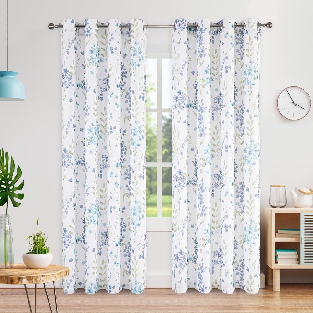 Bohogeo Floral Linen Kitchen Curtain Panel Farmhouse Semi Sheer, Light Filtering Flower Leaves Print Window Treatment Drapes for Living Room/Bedroom Grommets Design 2 Panels, Blue, 56''x84''