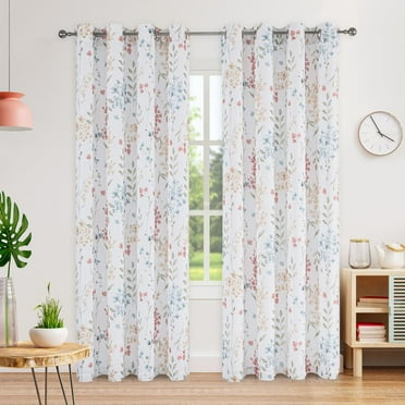 Bohogeo Floral Linen Kitchen Curtain Panel Farmhouse Semi Sheer, Light Filtering Flower Leaves Print Window Treatment Drapes for Living Room/Bedroom Grommets Design 2 Panels, Multi, 56''x84''