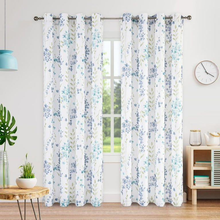 Bohogeo Floral Semi Sheer 56 x63 Kitchen Curtain Panels Blue Leaf Pattern for Living and Dining Room Set of 2 Walmart