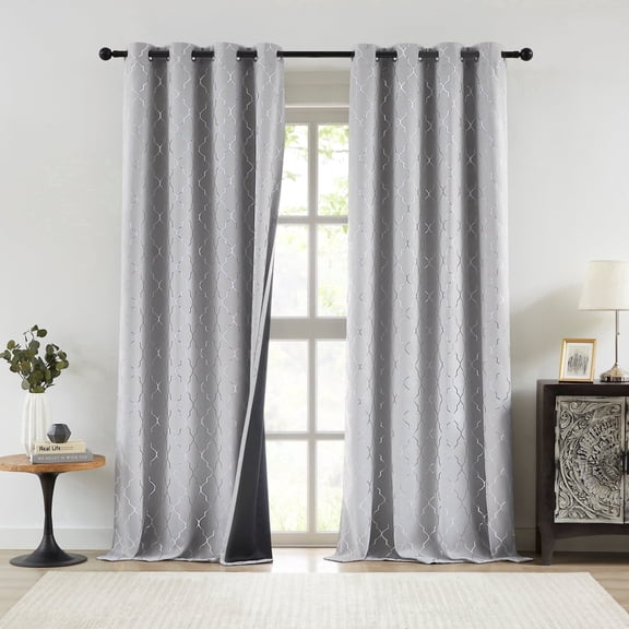 Bohogeo Full Blackout Window Curtain Panels 90 Inches Long,Silver Geo Metallic Moroccan Pattern Printed on Grey Room Darkening Drapes,Modern Grommet Window Treatment,52" Wx90 L(Pack of 2),Grey/Silver