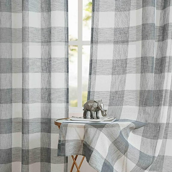Bohogeo Gray Buffalo Checkered Sheer Kitchen Curtain, Farmhouse Plaid Rod Pocket Window Drapery 108 Inch Length for Bedroom Living Room, 2 Panels, 38"x108"