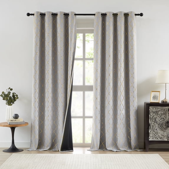 Bohogeo Grey Full Blackout Window Curtain Panels with Gold Geo Moroccan Metallic Printed Pattern,Modern Grommet Drapes for Bedroom,Thermal Insulated Window Treatment,52" Wx84 L(Pack of 2),Grey/Gold