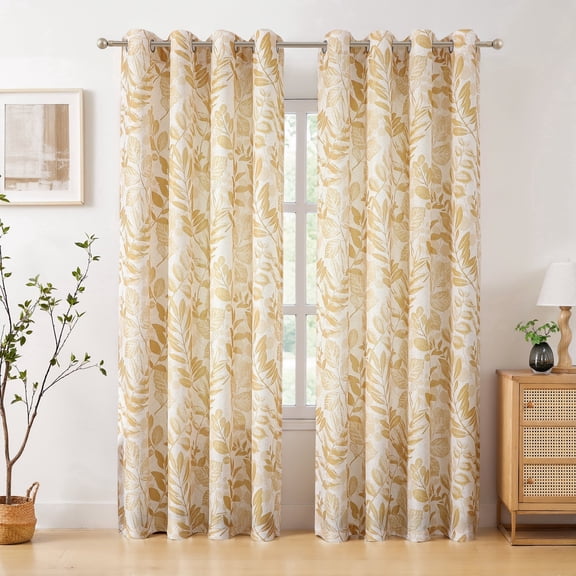 Bohogeo Leaf Print Curtains 90 inch Length Botanical Sheer Curtains Natural Texture Soft Touch Light Filtering Privacy Protect Drapes for Living Room, Gold, 55" Wide, Set of 2 Panels