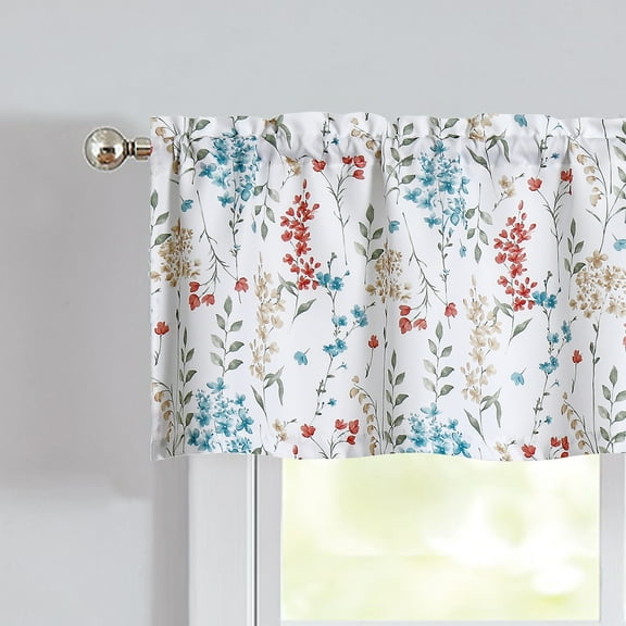 Bohogeo Light Filtering Kitchen Valance Colorful Botanical Flower Print Window Treatment, 56" x 15", Watercolor, 1 Panel