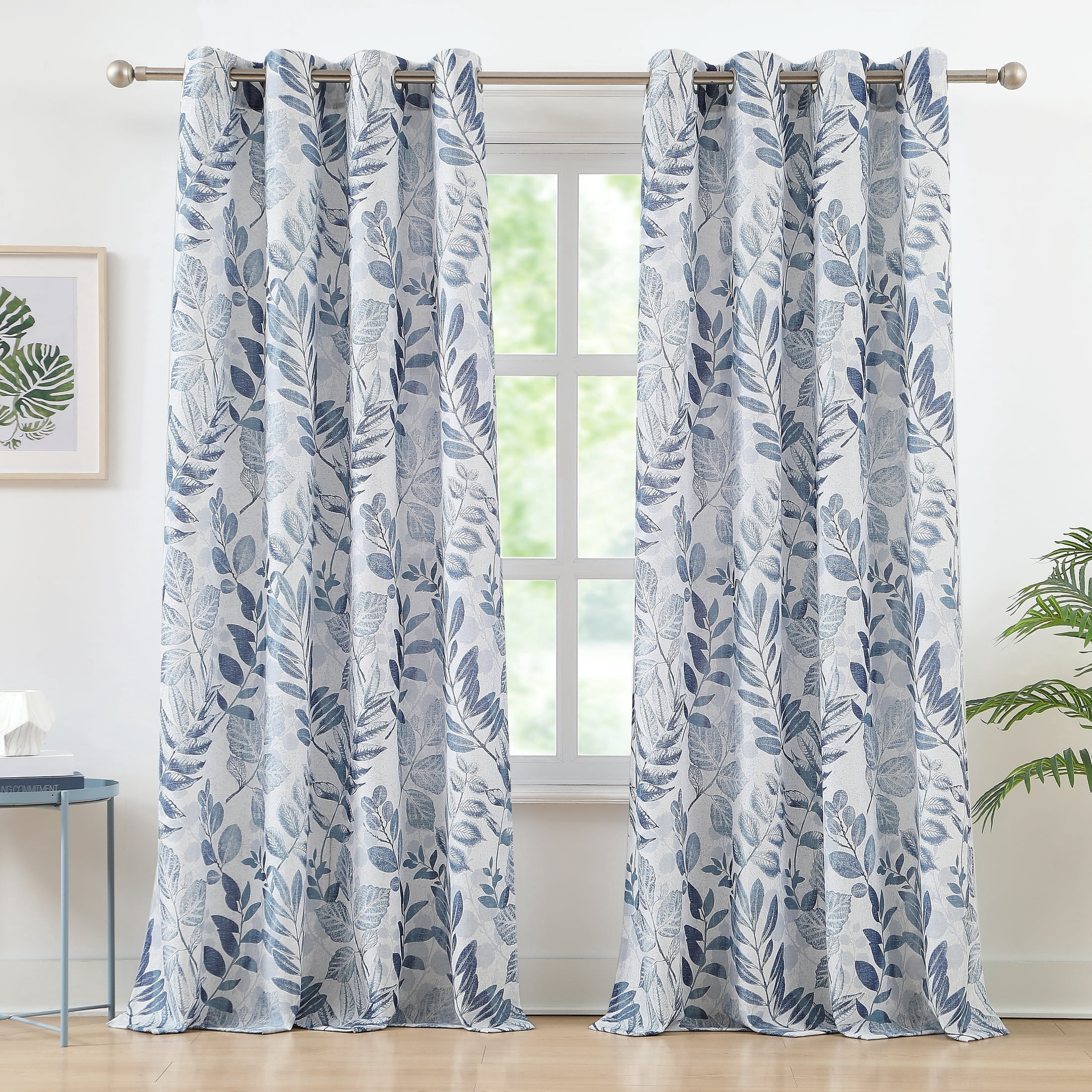 Bohogeo Linen Curtains for Living Room 84 inch Length Leaf Print Botanical Sheer Curtains Natural Texture Soft Touch Light Filtering Privacy Protect Drapes, Blue, 55" Wide, Set of 2 Panel