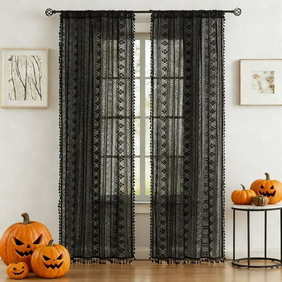 Bohogeo Linen Textured Tassel Sheer Lace Curtain Panels, Chic Crochet Geometry Knitting Rod Pocket Window Drapes for Living Room Bedroom,Black,2 Panels,84" L x 40" W