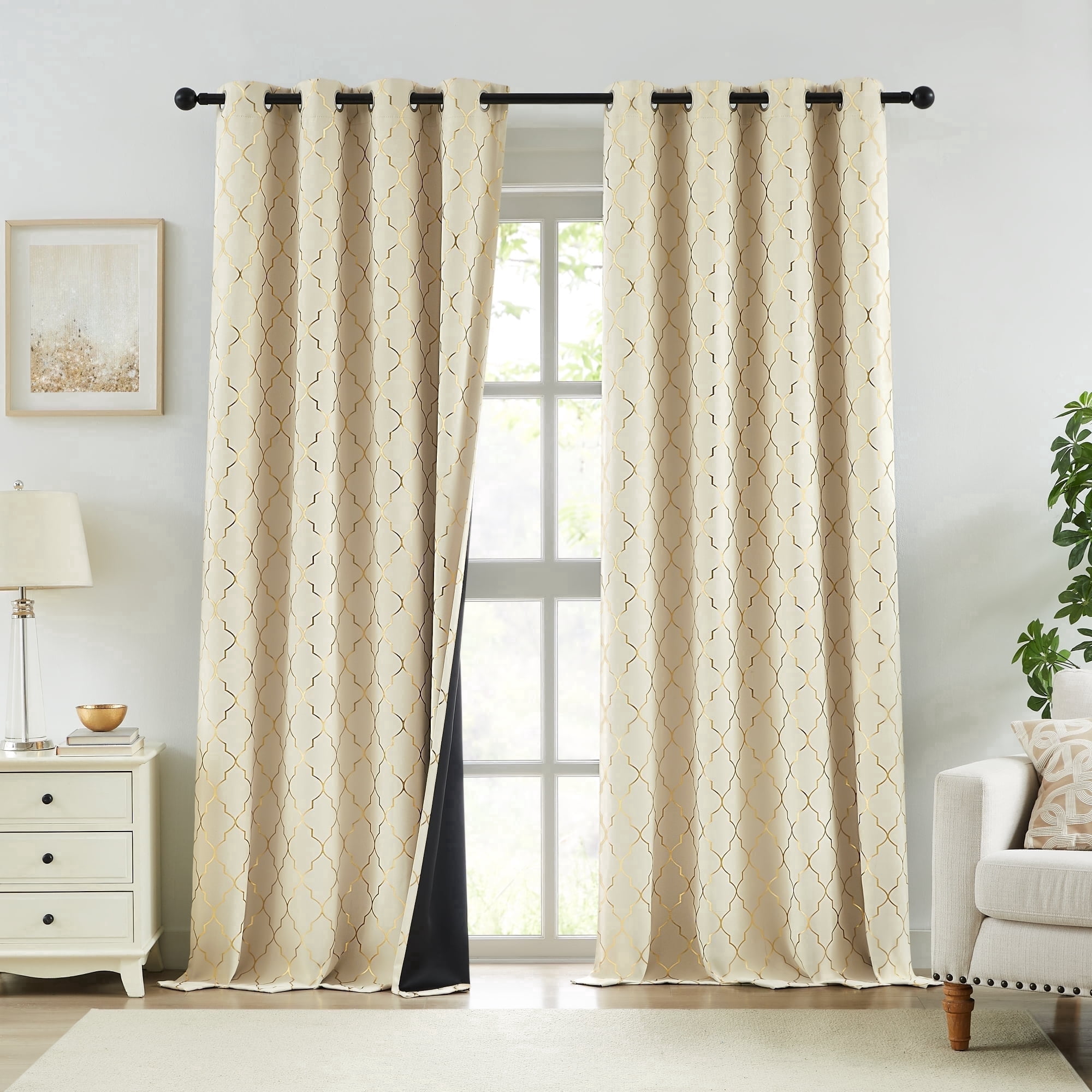 Bohogeo Moroccan Full Blackout Curtain Panels for Bedroom,Thermal Insulating Room Darkening Beige Drapes with Gold Geometric Metallic Print,Grommet Window Treatment,52" Wx63 L(Pack of 2),Beige/Gold