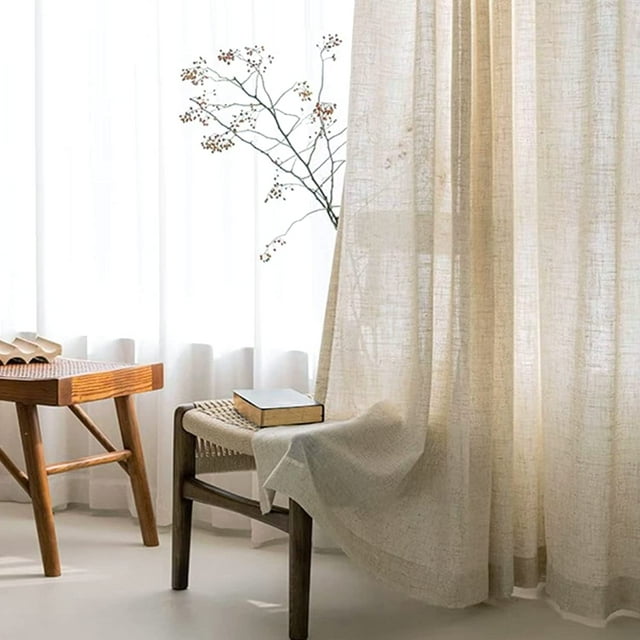 Bohogeo Natural Linen Bedroom Curtains, Semi Sheer 40''x84'' Beige 