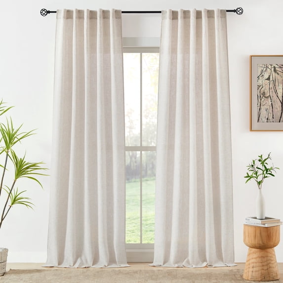 Bohogeo Natural Linen Long Back Tab Semi Sheer Curtain Drapes Curtains, Beige, 2 panel, 108 inc