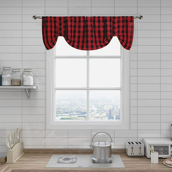 Bohogeo Red and Black Plaid Kitchen Curtain,Rod Pocket Tie-up and Straight Check Farmhouse Valance, 56" x 18", 1 Panel