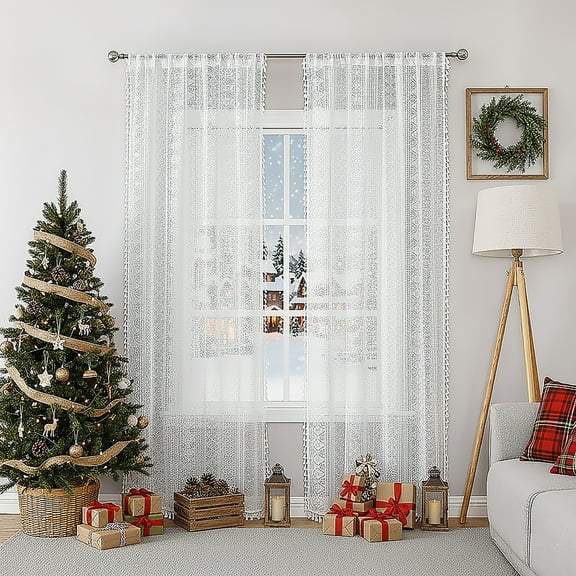 Bohogeo White Linen Textured Tassel Sheer Lace Curtain Panels, Chic Crochet Geometry Knitting Rod Pocket Farmhouse Window Curtain Drapes for Living Room/Bedroom, 2 Panels, 84" L x 40" W