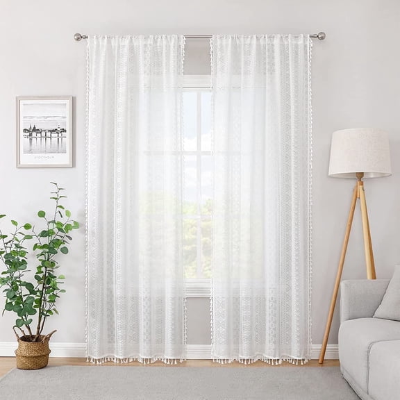 Bohogeo White Linen Textured Tassel Sheer Lace Curtains, Chic Crochet Geometry Knitting Rod Pocket Window Drapes for Living Room Bedroom, 2 Panels,Beige, 95" L x 40" W