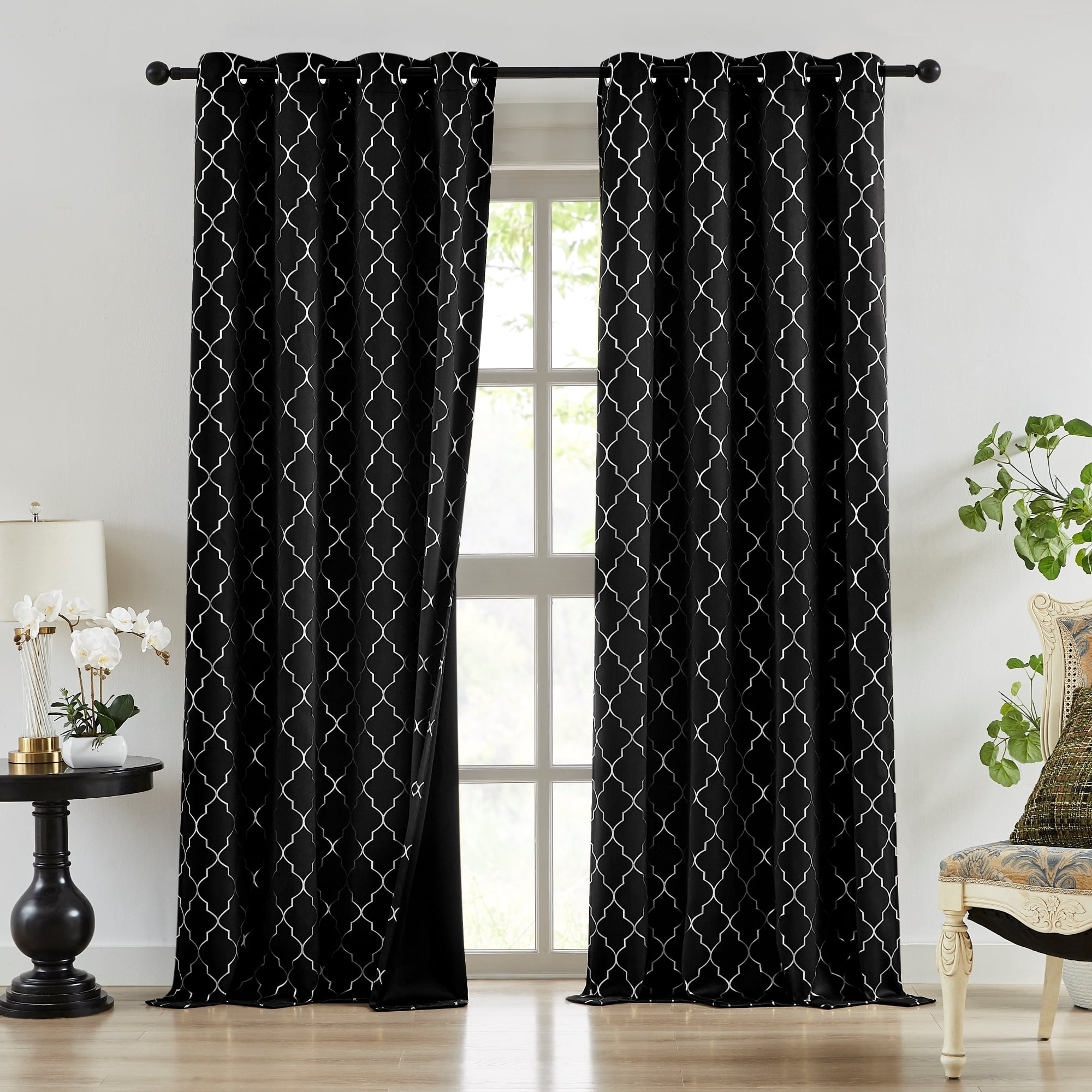 Bohogeo 84 Inches Full Blackout Window Curtain Panels for Bedroom Living Room,Silver Geo Metallic Moroccan Printed Pattern on Black Drapes,Modern Room Darkening Window Treatment,52" Wx84 L(Pack of 2)
