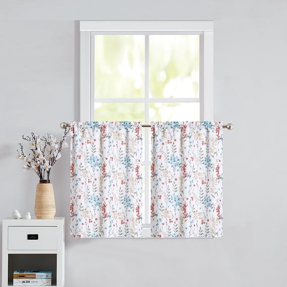 Bohogeo Watercolor Floral Cafe Kitchen Curtains, Flower Botannical Printed Pattern Farmhouse Rod Pocket Tier, Multicolor, 28" W x 36" L, Set of 2