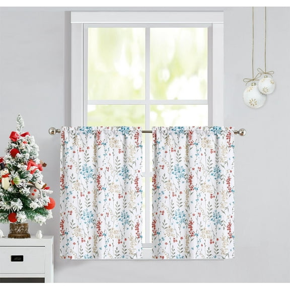 Bohogeo Watercolor Floral Cafe Kitchen Curtains, Flower Botannical Printed Pattern Farmhouse Rod Pocket Tier, Multicolor, 28" W x 36" L, Set of 2