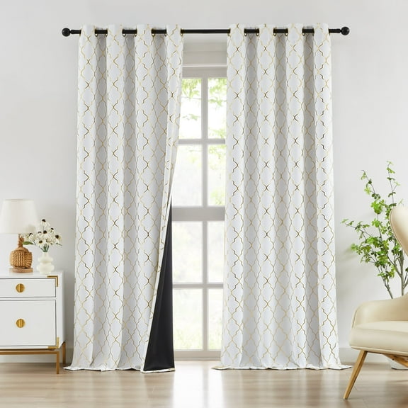 Bohogeo White Full Blackout Modern Window Curtain Panels,Geo Moroccan Metallic Foil Printed,Room Darkening Thermal Insulating Grommet Window Treatment for Bedroom,52" Wx95 L(Pack of 2),White/Gold