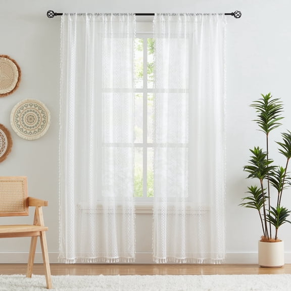Bohogeo White Linen Textured Tassel Sheer Lace Curtain Panels, Chic Crochet Geometry Knitting Rod Pocket Farmhouse Window Curtain Drapes for Living Room/Bedroom, 2 Panels, 90" L x 40" W