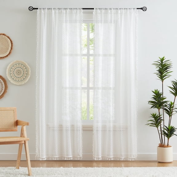 Bohogeo White Linen Textured Tassel Sheer Lace Curtain Panels, Chic Crochet Geometry Knitting Rod Pocket Farmhouse Window Curtain Drapes for Living Room/Bedroom, 2 Panels, 84" L x 40" W
