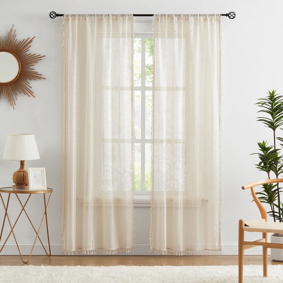 Bohogeo Beige Linen Textured Tassel Sheer Lace Curtain Panels, Chic Crochet Geometry Knitting Rod Pocket Farmhouse Window Curtain Drapes for Living Room/Bedroom, 2 Panels, 63" L x 40" W