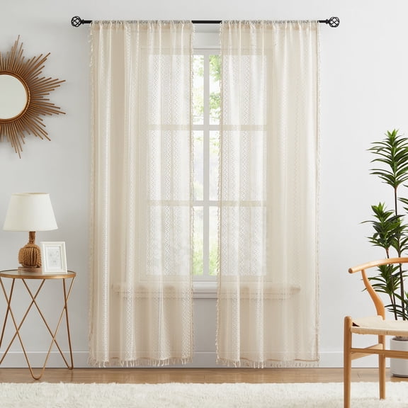 Bohogeo White Linen Textured Tassel Sheer Lace Curtain Panels, Chic Crochet Geometry Knitting Rod Pocket Farmhouse Window Curtain Drapes for Living Room/Bedroom, 2 Panels, 84" L x 40" W