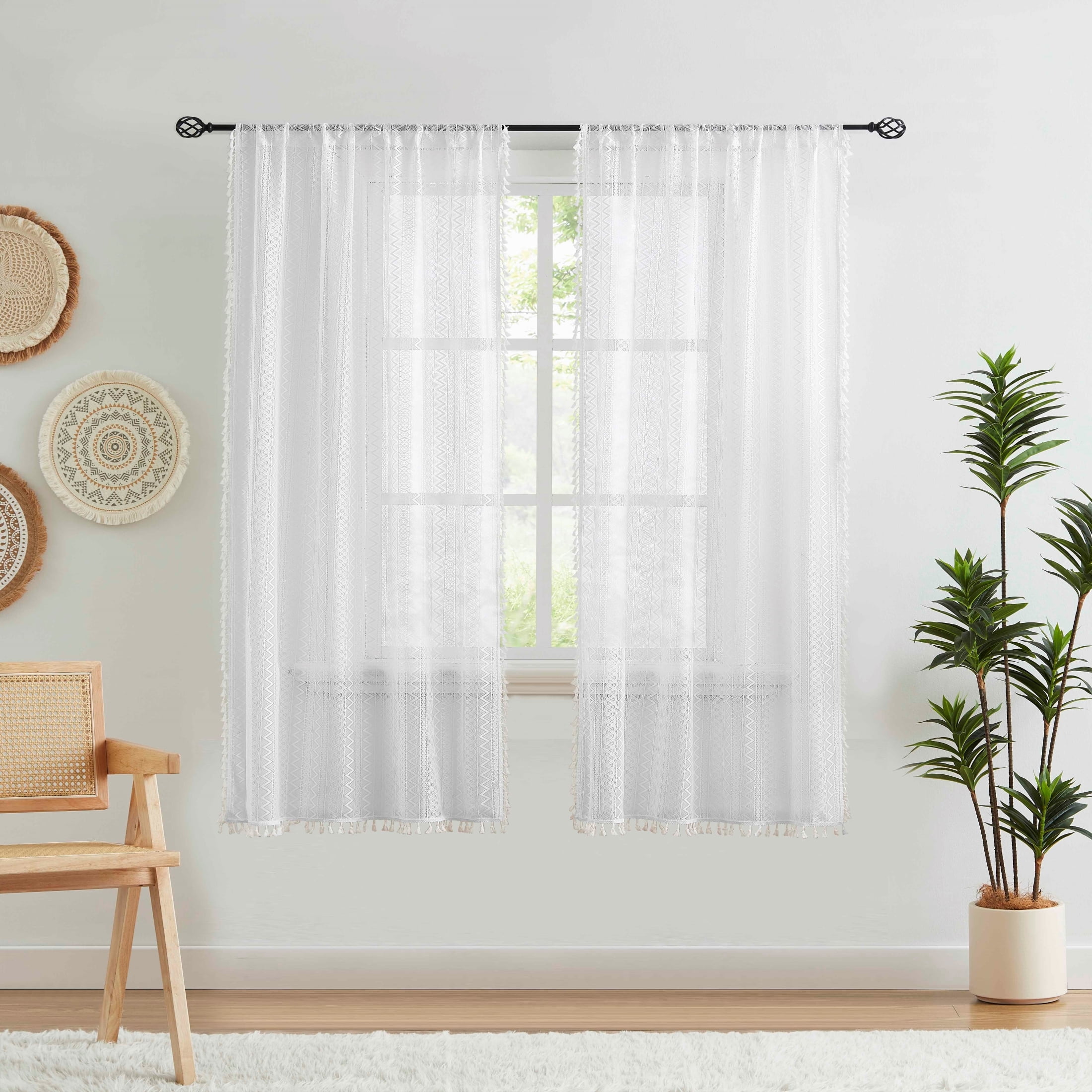 Bohogeo White Linen Textured Tassel Sheer Lace Curtain Panels, Chic Crochet Geometry Knitting Rod Pocket Farmhouse Window Curtain Drapes for Living Room/Bedroom, 2 Panels, 63" L x 40" W