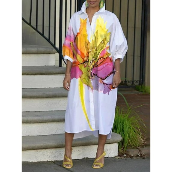 Bohohipei Women‘s S-2XL Lapel Shirts Dress 2024 New Spring Fashion Contrast Color Flower Print Half Sleeves Loose Casual Dresses