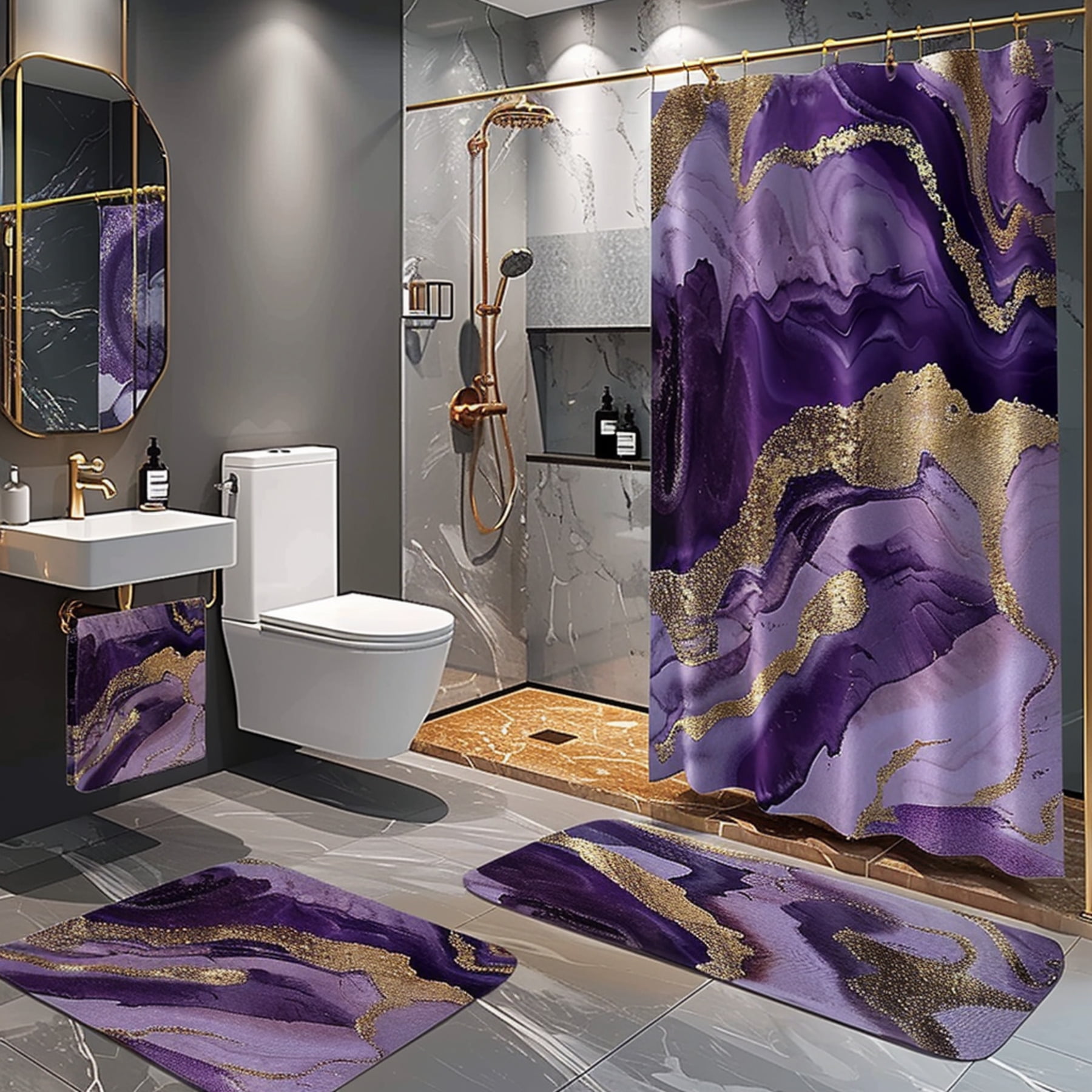 Bohoinspired Purple and Gold Marble Bathroom Decor Set with Shower