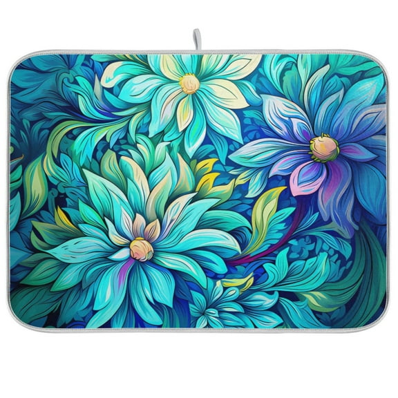 Bohomia Flowers Blue Dish Drying Mat Microfiber Kitchen Pad Large Counter Absorbent Dish Mats Drainer Rack 18"x24"