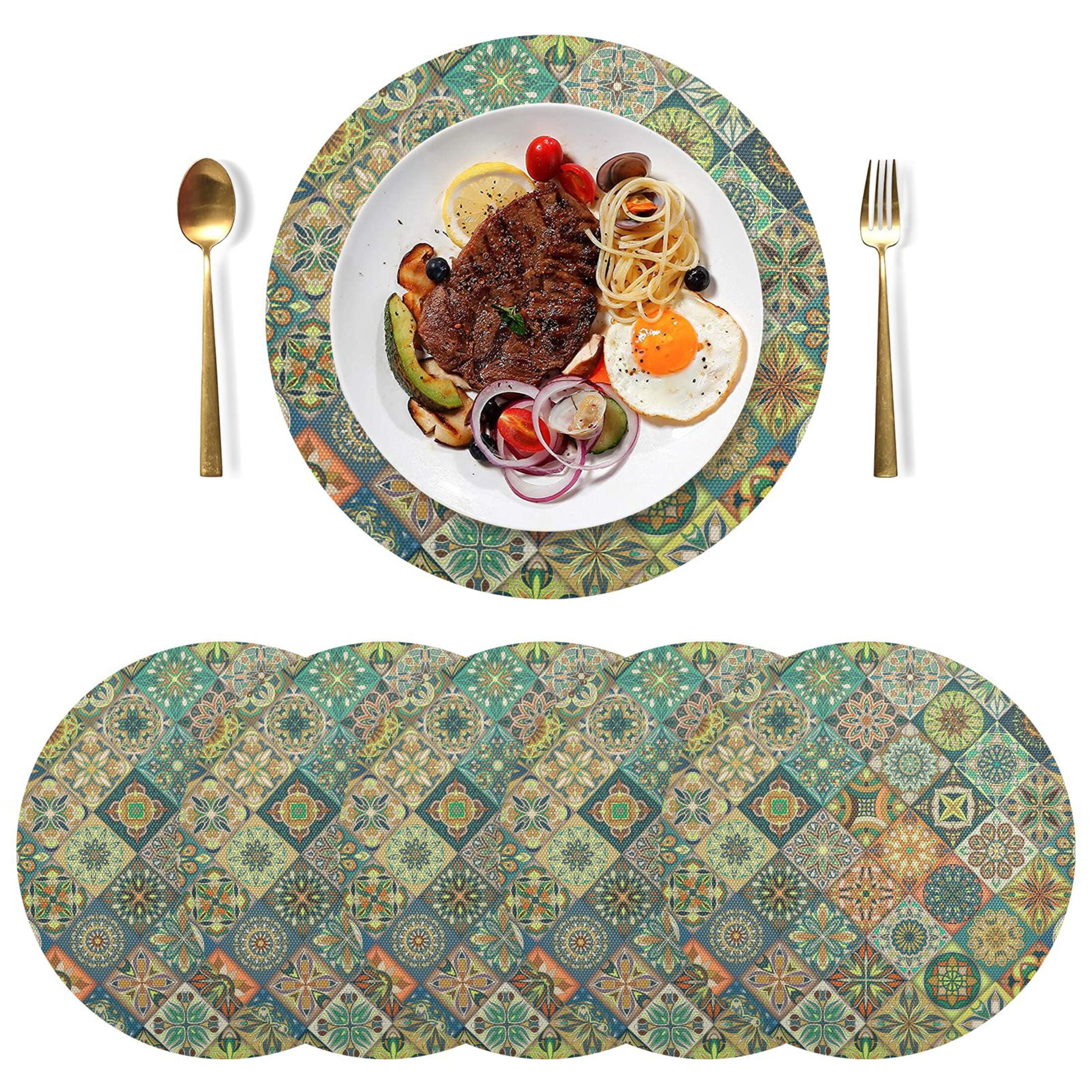 Bohomia Mandala with Green Round Plate Mats Non-Slip Place Mat Washable ...