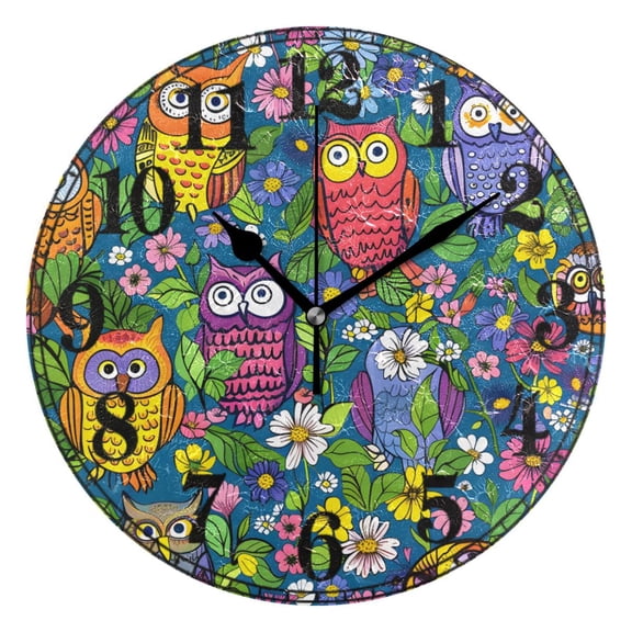Bohomia Owls in Floral Silent Wall Clock 10" Non-Ticking Battery Clock