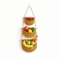 Bohorizon 3 Tier Hanging Fruit Basket for Kitchen, Woven Wall Storage Organizer (Gold)