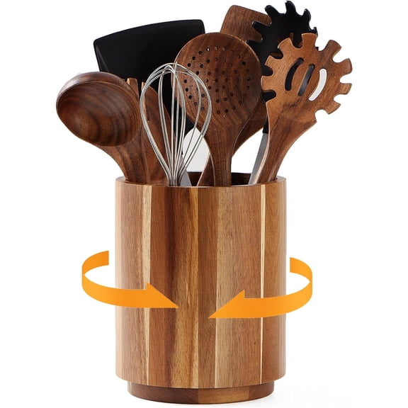 Bohorizon Acacia Wood Utensil Holder for Kitchen Counter, 360 Rotating Wooden Cooking Utensil Crock for Countertop, 5.9"x5.9"x7.2", Pack of 1