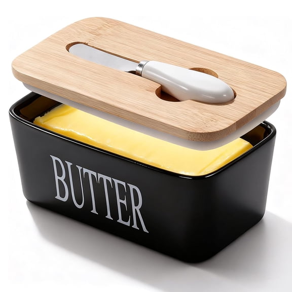 Bohorizon Butter Dish with Lid for Countertop, Ceramic Butter Container with Knife, Butter Tray for Storage, Holds 4–5 Sticks (Up to 1.25 lb), Pack of 1, Black