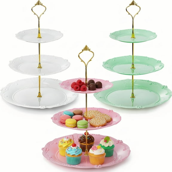 Bohorizon Cupcake Tower, Cupcake Display, Cupcake Stand 3 Tier for Party Decoration, Pack of 3, White/Pink/Green