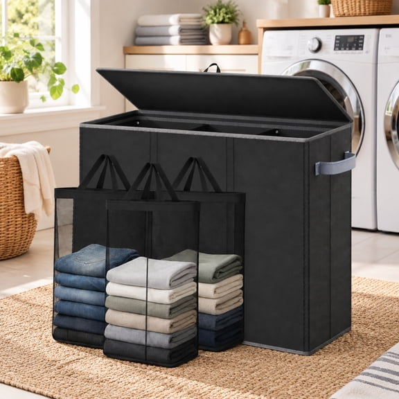 Bohorizon Hampers for Laundry, Clothes Hamper, Laundry Hamper with Lid, 32.3"X11.8"X27.6", 180L, 3 Section, Pack of 1, Black