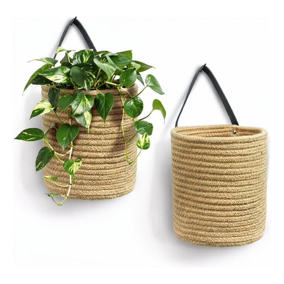 Bohorizon Jute Hanging Basket, Small Woven Hanging Rope Basket Flower Plants Wall Basket, 7.87"x 7" x 7", Pack of 2