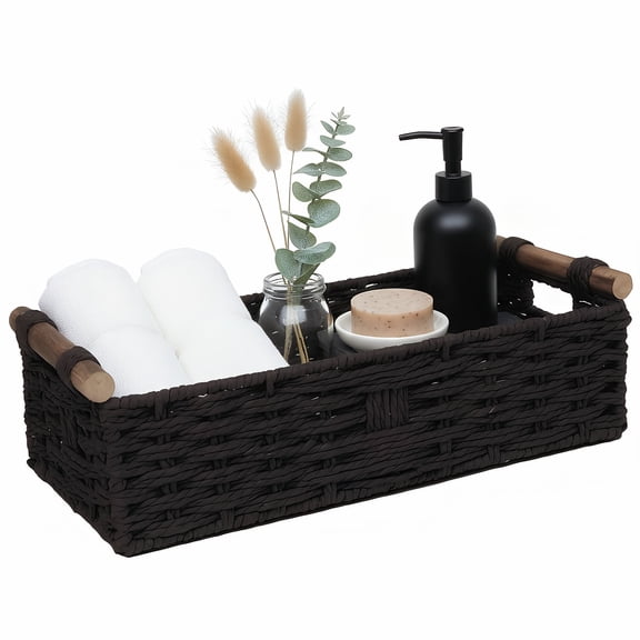 Bohorizon Paper Rope Bathroom Storage Basket with Wooden Handle, Decorative Wicker Cube Storage Bins, Pack of 1, Black