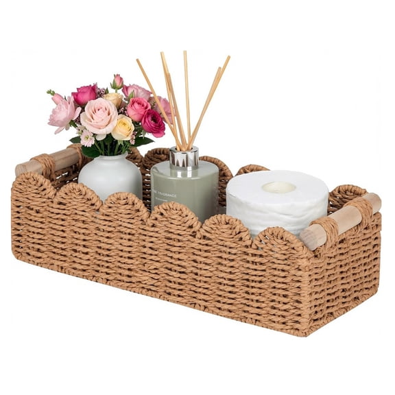 Bohorizon Paper Rope Scalloped Edge Bathroom Storage Basket with Wooden Handle, Decorative Wicker Cube Storage Bins, 14.0"X6.3"x3.9", Pack of 1, Beige