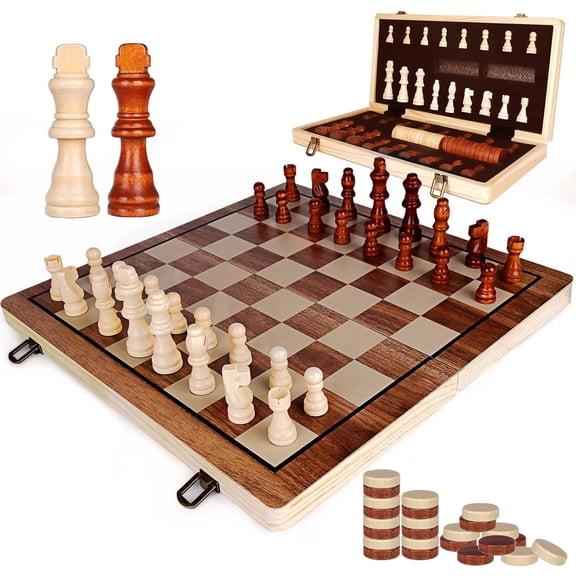 Bohorizon Wooden Chess Board, Magnetic Chess and Checkers Board Game Set(2 in 1) with 2 Extra Queens, Storage Bag Included 15x15 Inch, Walnut