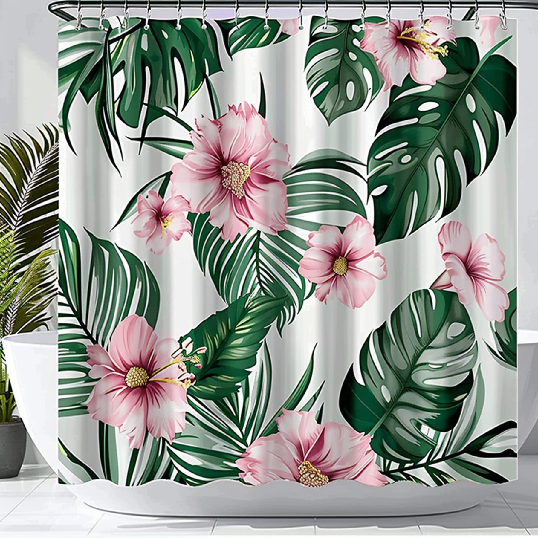 Bohostyle shower curtain with tropical pink and green floral abstract ...